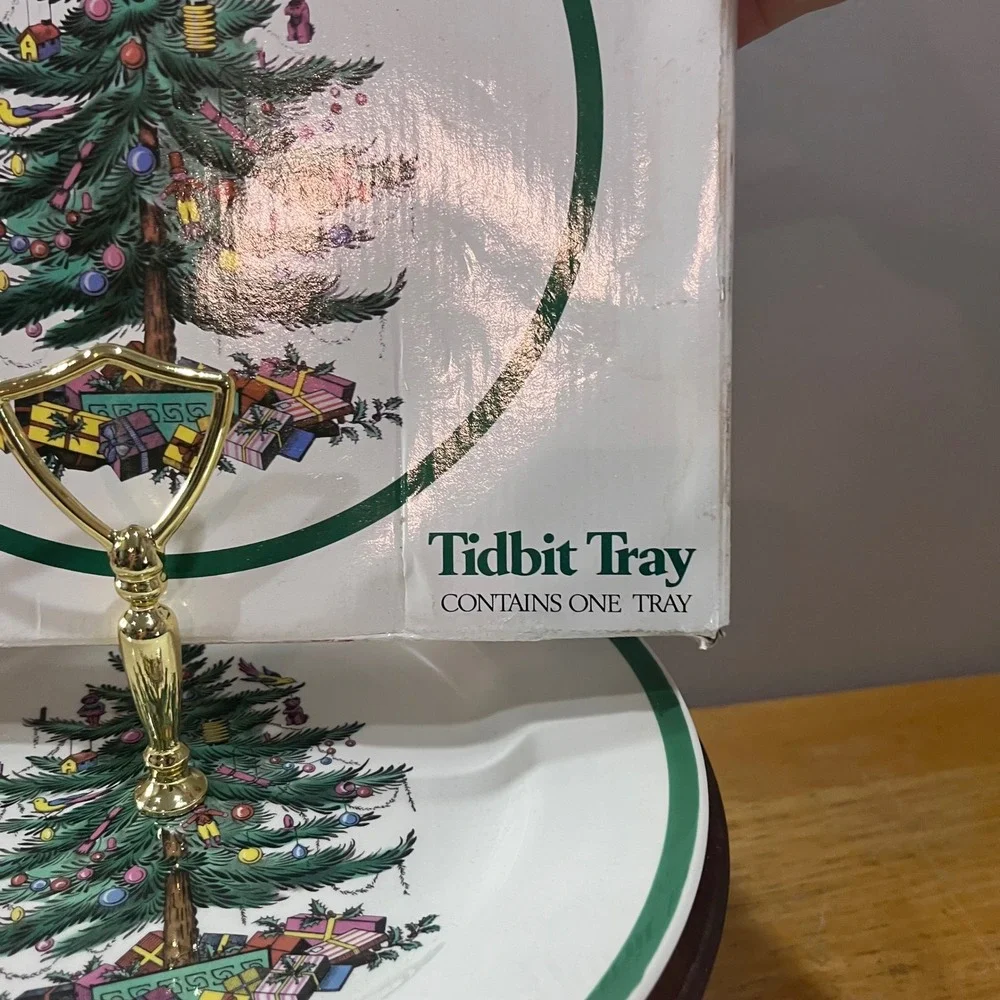 Vtg‎ Spode Christmas Tree Tidbit Tray S3324-L Serving Plate Gold Handle England